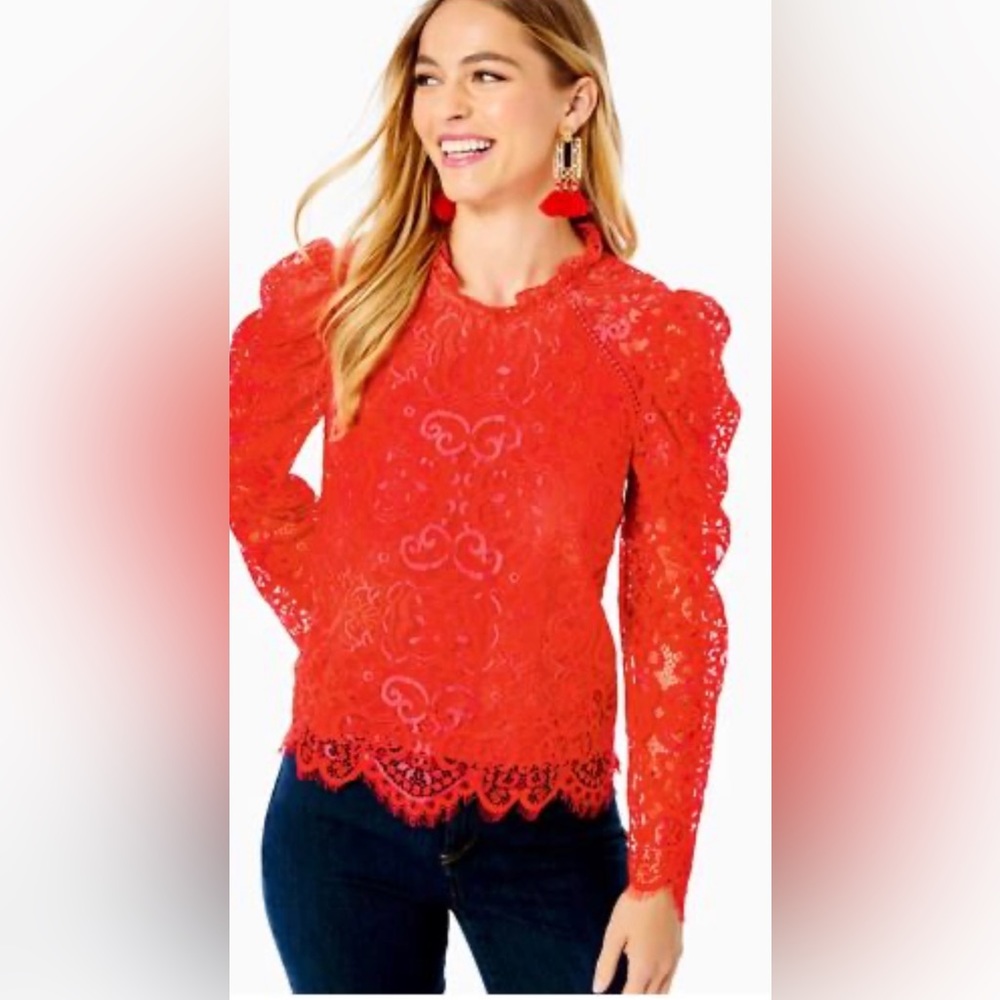Lilly Pulitzer Red Lace Long-Sleeve Blouse